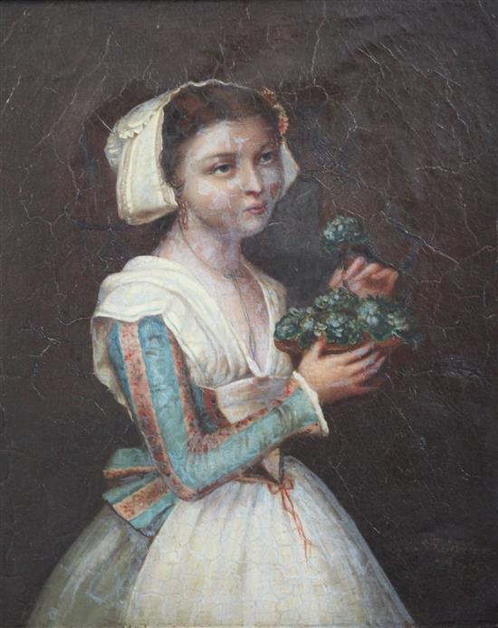 After Jean Baptiste Greuze Girl holding a basket of violets 12.5 x 10in.